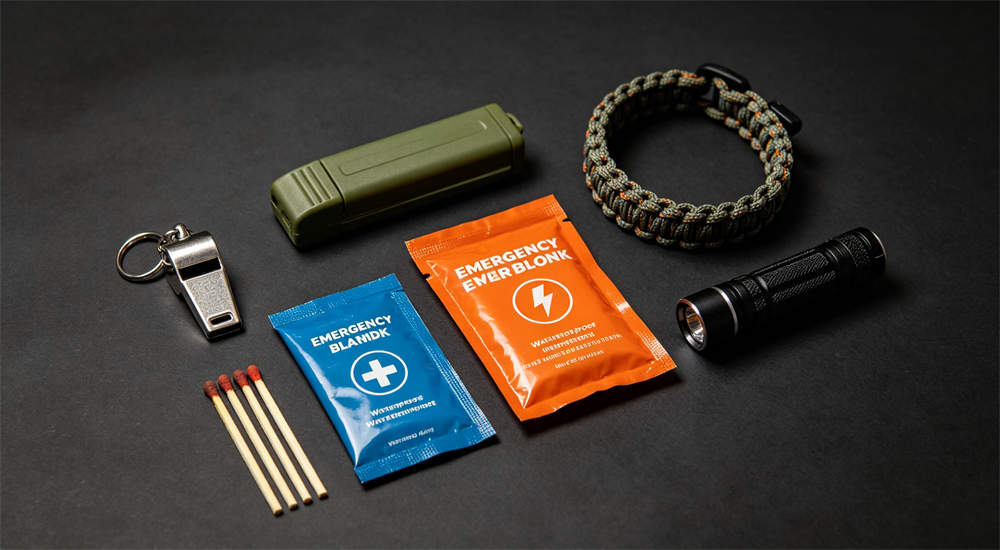 Small emergency essentials laid out flat including whistle emergency blanket matches and paracord, small but important emergency items for bulk kit supplies