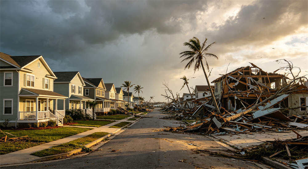 Before and after comparison of neighborhood showing intact houses left and destroyed right after hurricane, visual contrast image for hurricane preparedness guide Before and after comparison of neighborhood showing intact houses left and destroyed right after hurricane, visual contrast image for hurricane preparedness guide
