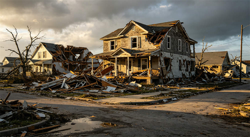Severe hurricane damage showing destroyed houses and debris on street, dramatic consequence of poor preparation, realistic disaster photography for relief procurement Severe hurricane damage showing destroyed houses and debris on street, dramatic consequence of poor preparation, realistic disaster photography for relief procurement