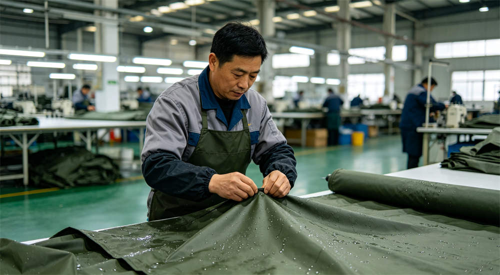 Chinese factory worker inspecting tent fabric quality on production line, quality control inspection at emergency supply manufacturing facility for bulk orders