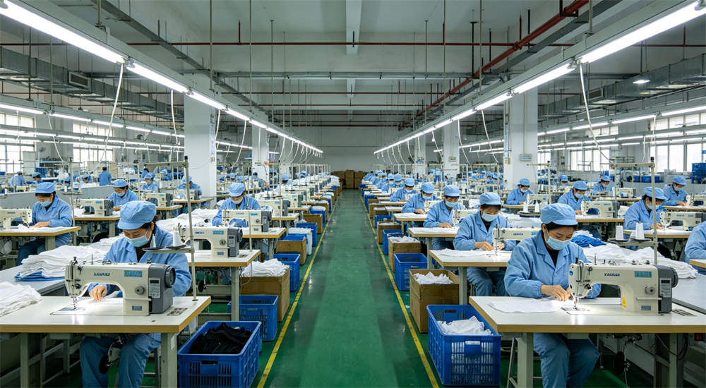 Large Chinese factory floor with rows of sewing machines and workers in blue uniforms manufacturing emergency supplies, bulk production facility for hurricane gear