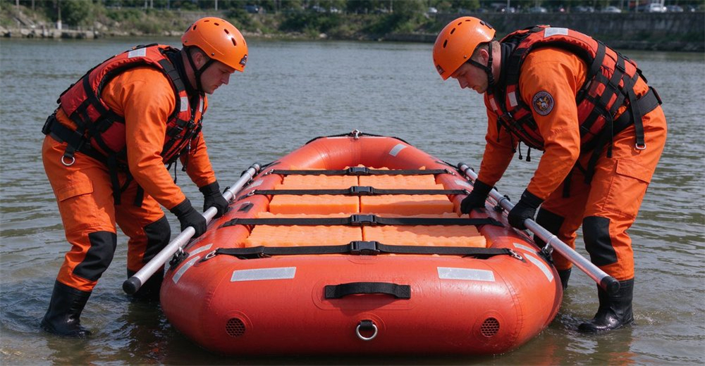 Two rescuers inserting two 2m silver aluminum carrying poles into side sleeves of authentic foam-filled platform with horizontal straps, buckles and drainage holes, close-up showing pole insertion mechanism on grass.