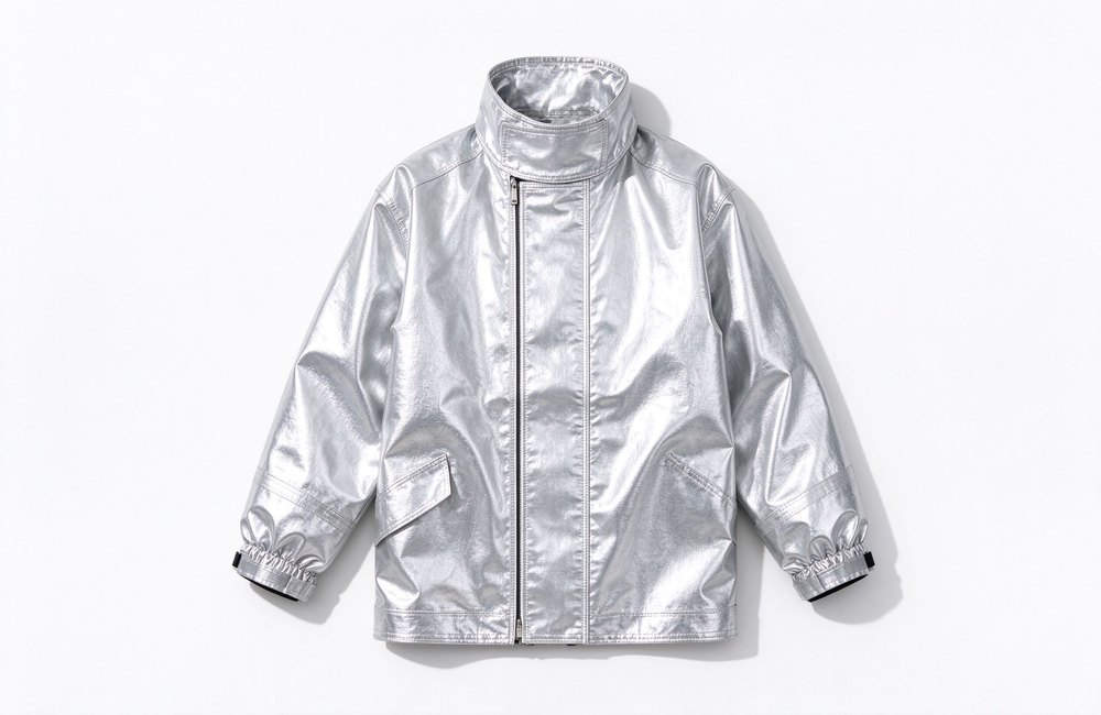 Front view of silver aluminized fire proximity suit jacket full front view showing reflective coating for high temperature work wear selection and fire proximity suit supplier comparison