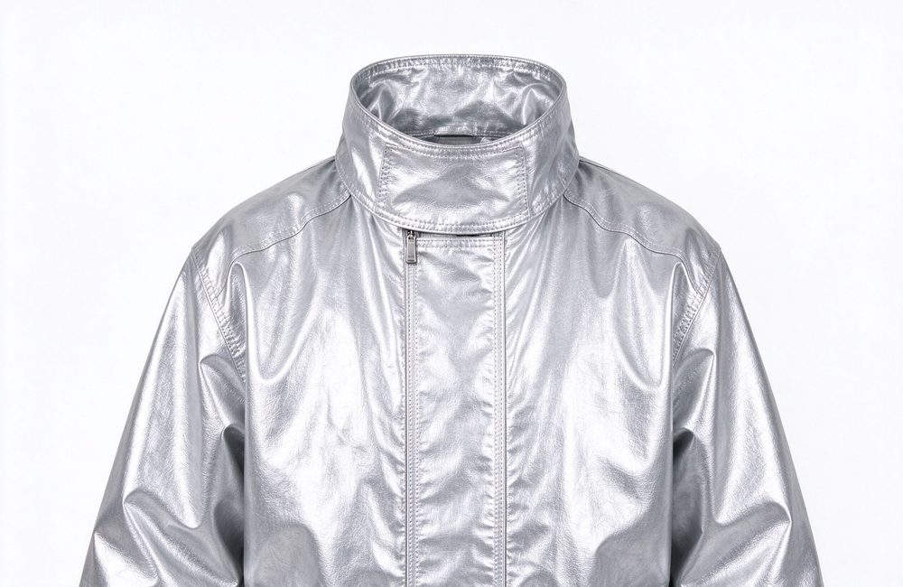 Side view of aluminized fire proximity suit front design view highlighting reflective surface for radiant heat protection during proximity operations and fire suit wholesale planning