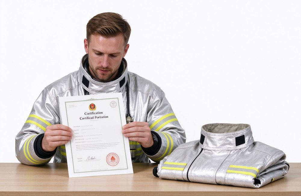 Top-down view of silver aluminized fire proximity suit standard certificate showing GB 38453 2019 compliance for radiant heat protective clothing export certification and regulatory approval