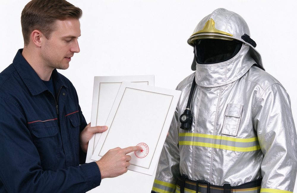 High-angle view of gB 38453 2019 and XF 634 2015 certificate for silver aluminized fire proximity suit radiant heat and flame protection compliance checking before international order