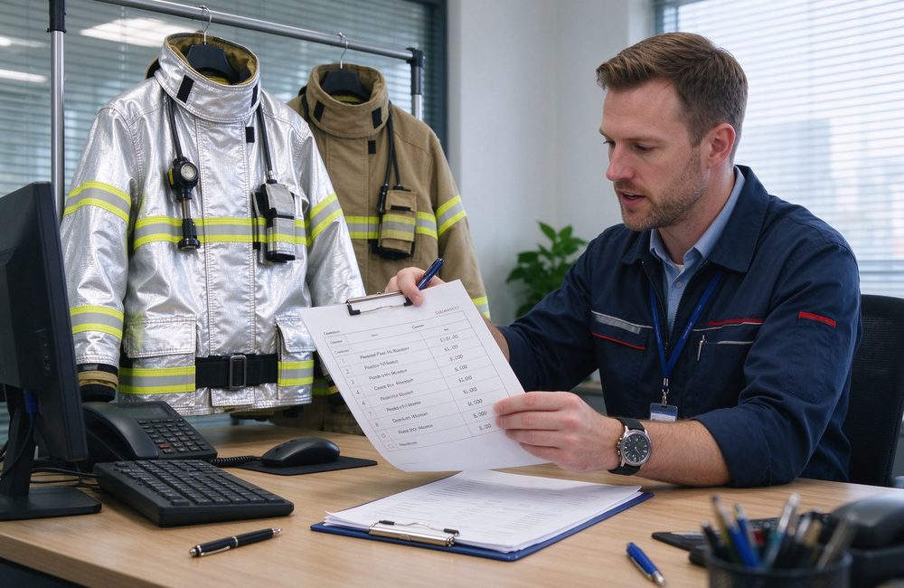 Flat-lay view of silver aluminized fire proximity suit supplier checklist with configuration options for radiant heat protection garment bulk procurement planning by industrial buyers for industrial fire safety teams