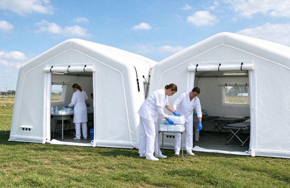 Medical use of inflatable emergency shelter as field hospital with medical staff for disaster response emergency healthcare humanitarian relief missions Medical use of inflatable emergency shelter as field hospital with medical staff for disaster response emergency healthcare humanitarian relief missions