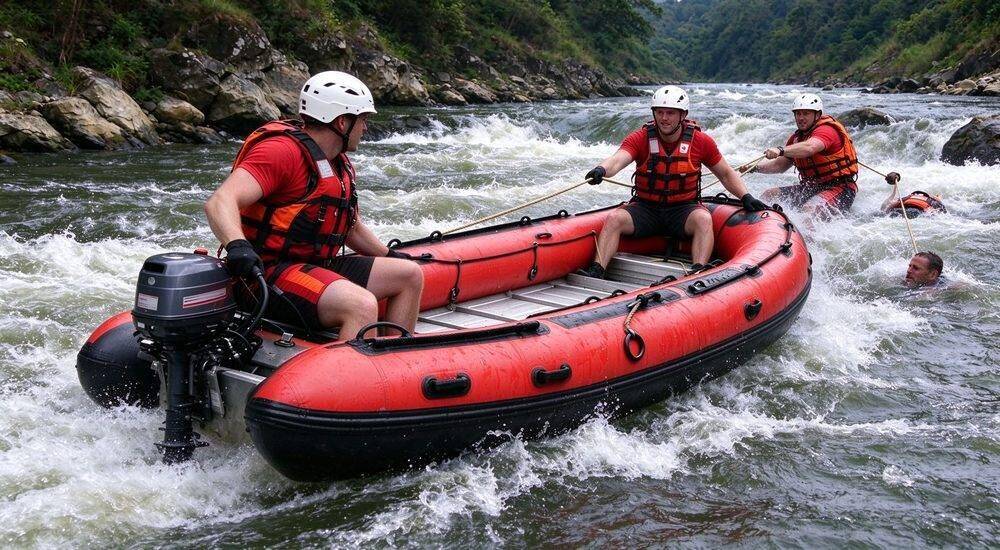 Whitewater river rescue with inflatable rescue raft in fast-moving current showing male rescue team performing swiftwater victim extraction and patient transfer using flood response boat techniques Whitewater river rescue with inflatable rescue raft in fast-moving current showing male rescue team performing swiftwater victim extraction and patient transfer using flood response boat techniques