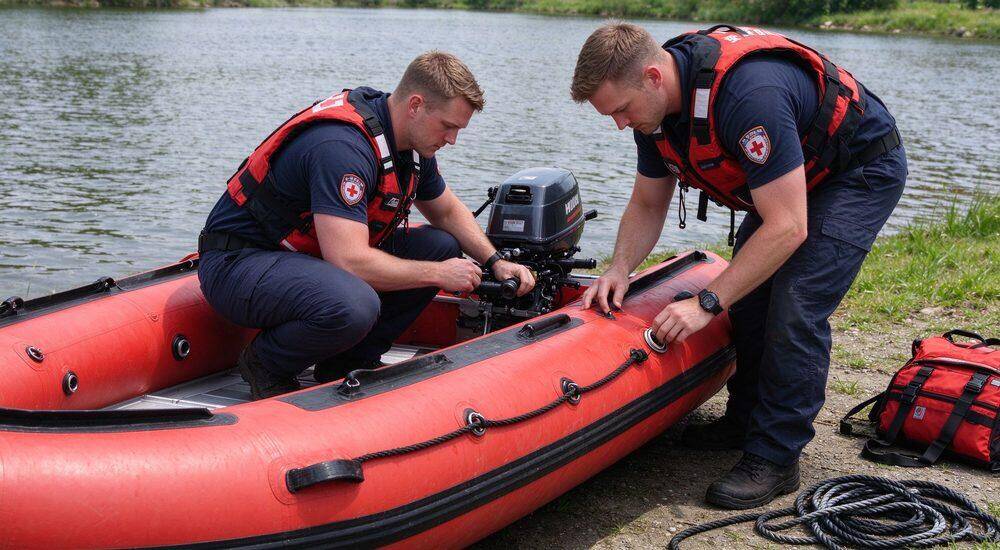 Pre-launch inspection of inflatable rescue boat where male rescuers check inflation valves grab ropes D-rings and floor panel security before water rescue vessel deployment and readiness Pre-launch inspection of inflatable rescue boat where male rescuers check inflation valves grab ropes D-rings and floor panel security before water rescue vessel deployment and readiness
