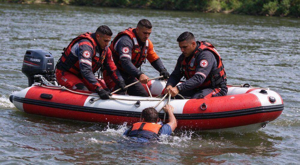 Rescue operation in progress with inflatable rescue boat where two male rescuers pull a drowning victim from water demonstrating real emergency rescue boat response teamwork