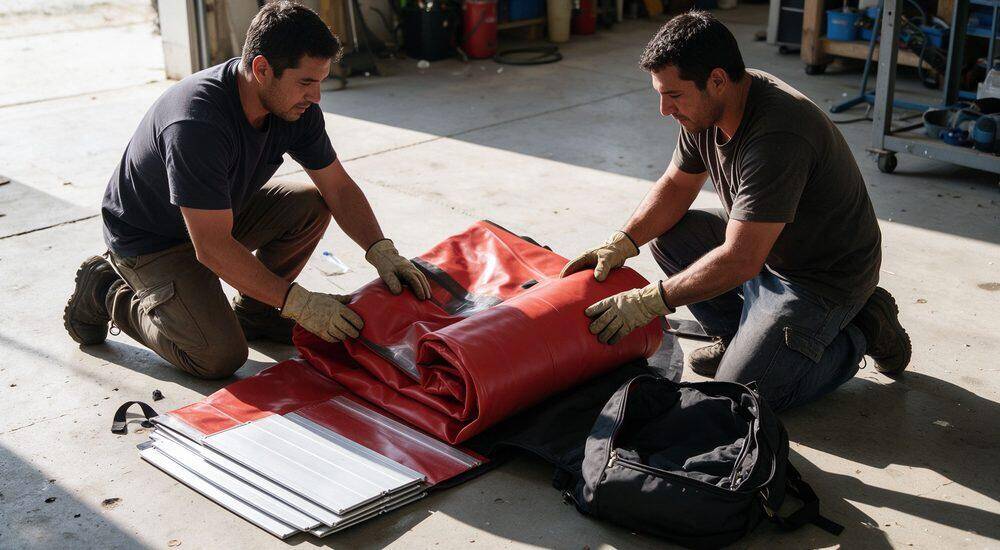 Infographic showing deflation and storage steps for inflatable rescue boat including rinsing drying folding and packing into carry bag procedure for rescue response teams and fleet management
