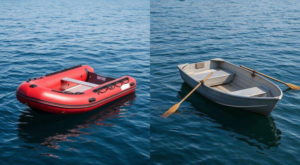 Side-by-side comparison of inflatable rescue boat versus traditional aluminum boat showing portability compact storage space and rapid flood rescue boat deployment speed benefits and shallow draft