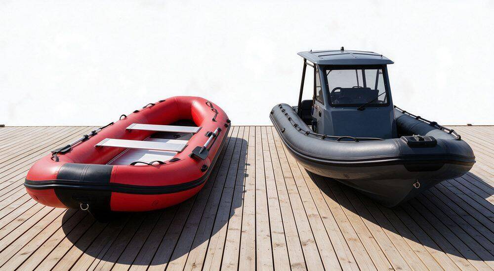 Comparison table infographic for rescue boats showing weight storage space draft deployment time and passenger capacity across different rigid inflatable boat RIB models and maintenance requirements