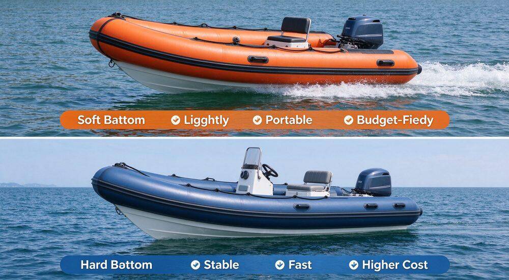 Comparison diagram between fully inflatable PVC boat and rigid-hull RIB showing soft-bottom flexibility versus hard-bottom performance trade-offs for rescue watercraft missions in various water conditions