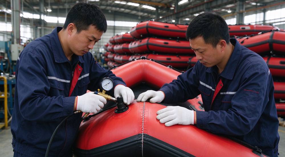 Quality certification badges infographic showing CE ISO9001 and SOLAS standards applied to every inflatable rescue boat ensuring international safety compliance for flood rescue watercraft and regulatory