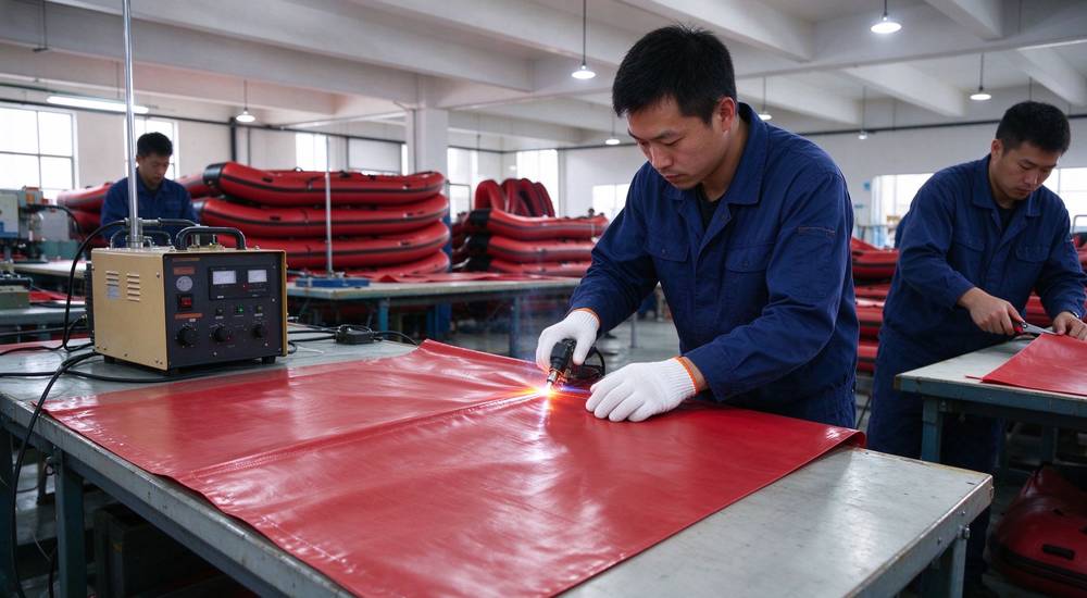Production process infographic for inflatable rescue boat showing material inspection cutting welding assembly and final quality control stages in manufacturing workflow for export buyers and distribution