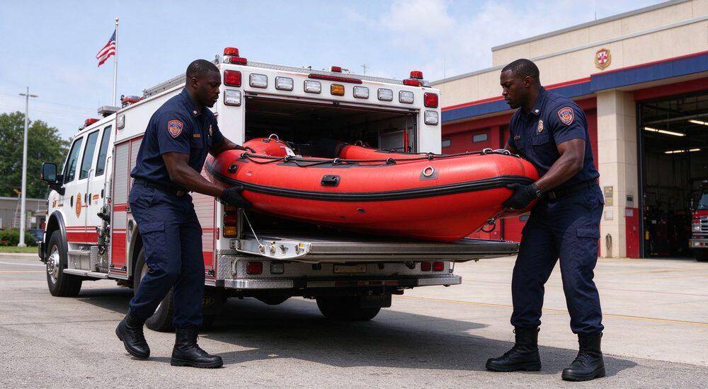 Fire department flood rescue boat being unloaded from fire truck with uniformed male firefighters preparing vessel for immediate emergency water rescue boat deployment and rapid response readiness