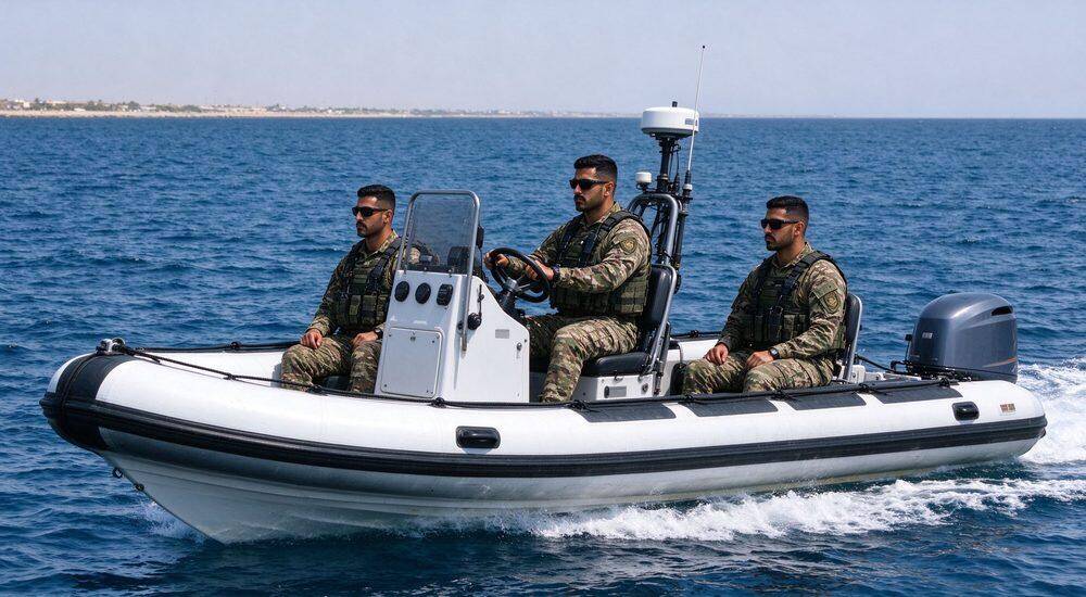 Military coast guard rigid inflatable boat RIB patrolling open sea with uniformed male personnel demonstrating professional maritime security and rescue boat operations with border patrol capabilities