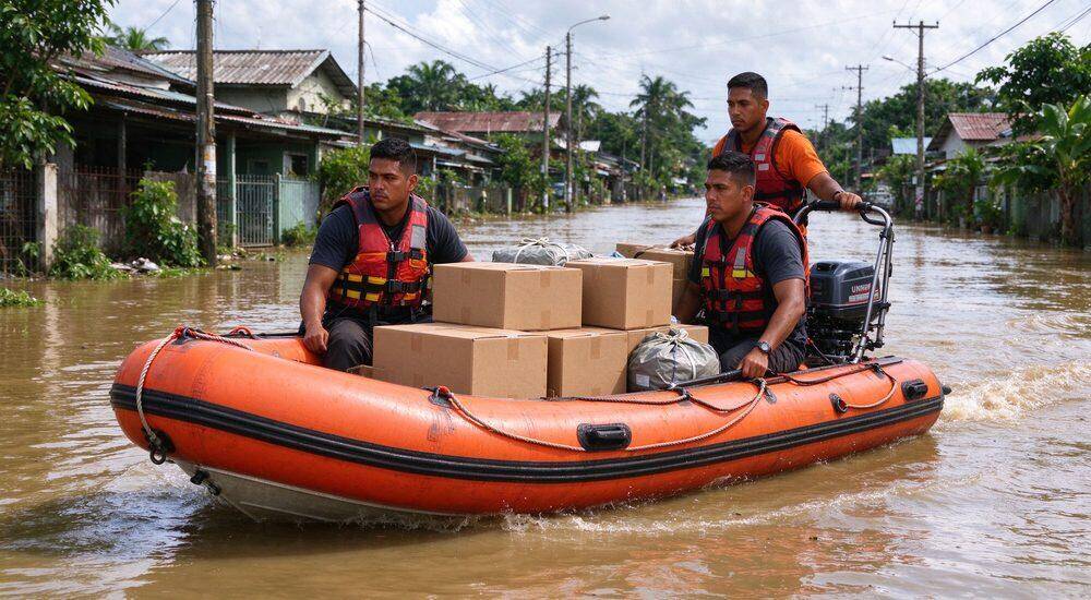 NGO disaster relief inflatable rescue boat in flood-affected area where male volunteers distribute food and medical supplies to stranded families during humanitarian emergency response operations worldwide
