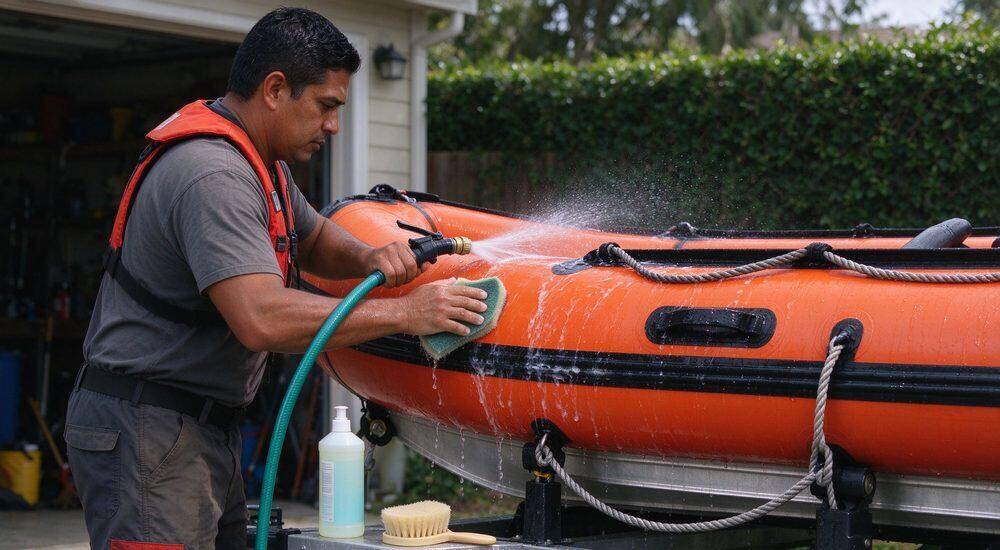 Inflatable rescue boat maintenance and cleaning showing male person rinsing PVC tube surface with fresh water hose to remove salt and debris after every operation