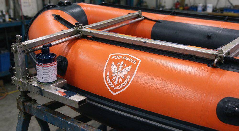 Custom silk-screen logo printing on inflatable rescue boat tube surface showing OEM branding option for organizational identification and flood rescue boat fleet personalization and customized solutions
