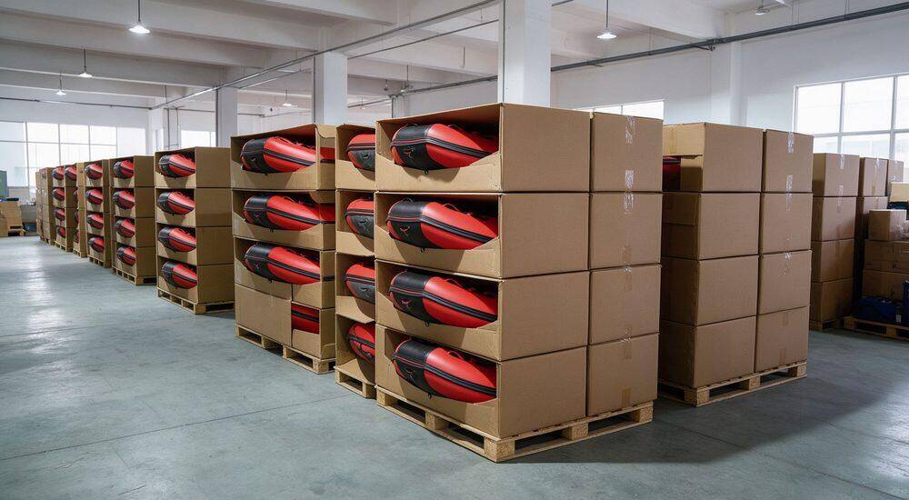 Bulk packaging infographic for inflatable rescue boats showing carton dimensions units per carton pallet stacking and container loading arrangement for wholesale export orders and logistics planning