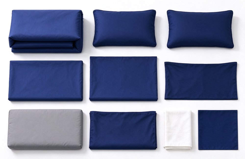 Fire station bedding contents spread flat lay with blanket pillow sheet mattress duvet cover pillowcase towel for firehouse dormitory institutional bedding