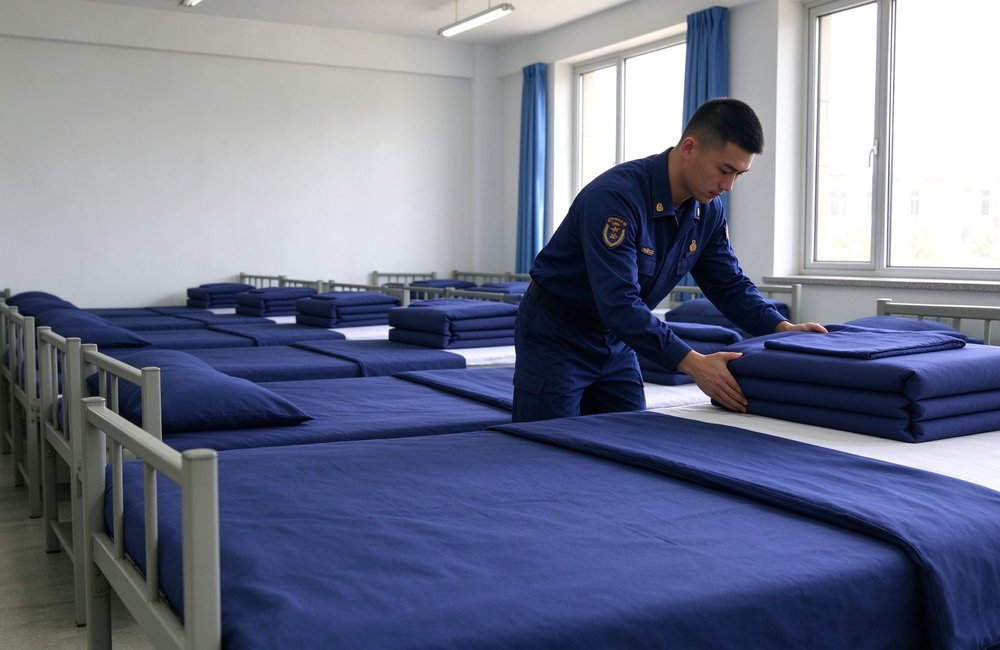 Firefighter dormitory with fire station bedding neatly made bed with folded blanket pillow for firehouse living quarters institutional bedding supply