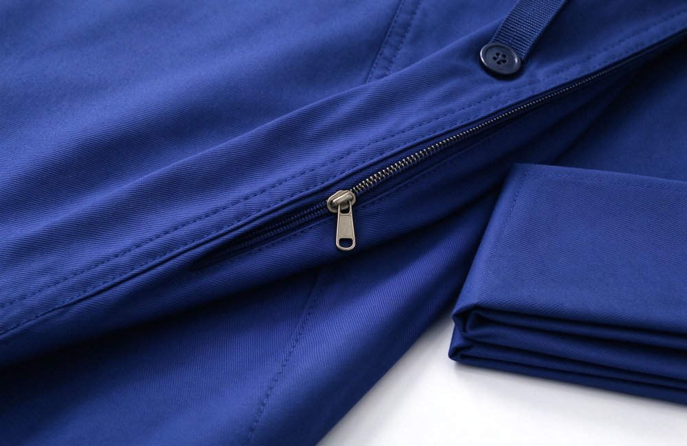 Fabric detail closeup of fire station bedding with twill weave stitching zipper buttons for durable institutional bedding fire department dormitory use