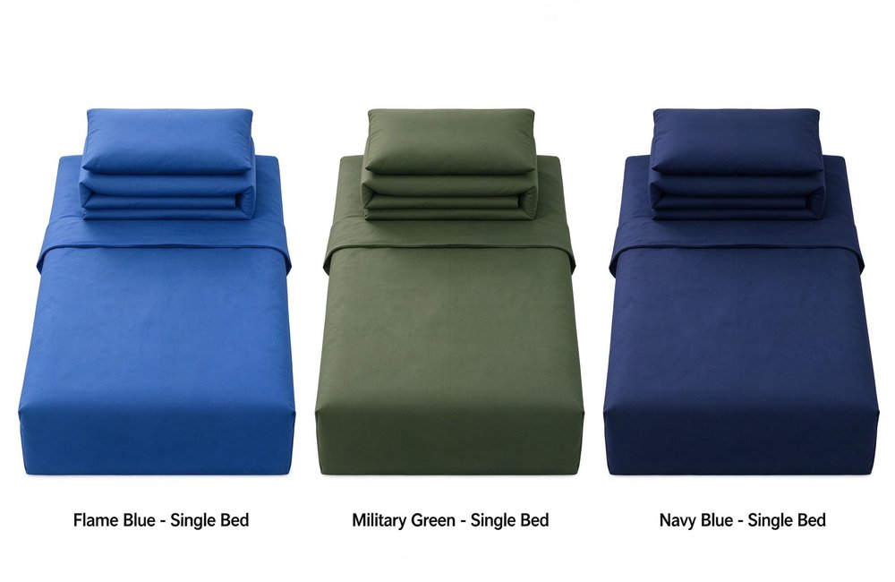 Color and size comparison of fire station bedding flame blue military green navy blue dark gray for fire departments schools institutional dormitory bedding