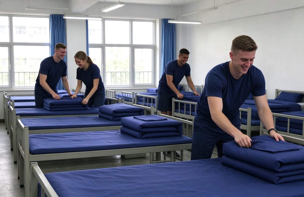 School dormitory using fire station bedding with neatly made beds for educational institutions student housing institutional bedding supply programs with neatly made beds for educational institutions student housing institutional bedding supply programs
