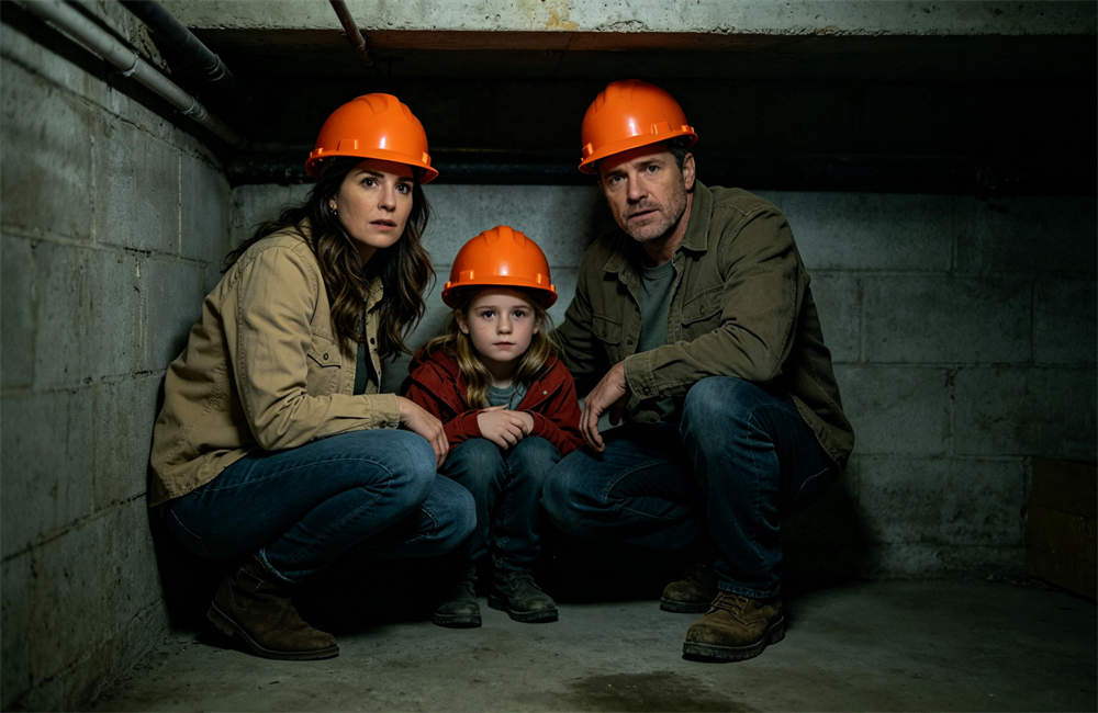 Family wearing safety helmets crouching in basement shelter during tornado warning for home safety preparedness today now now for bulk tornado emergency kit procurement and wholesale NGO relief orders today now
