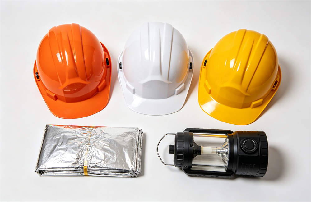 Four color safety helmets flat lay in orange white yellow and black for bulk wholesale tornado kit procurement today now now for bulk tornado emergency kit procurement and wholesale NGO relief orders today now