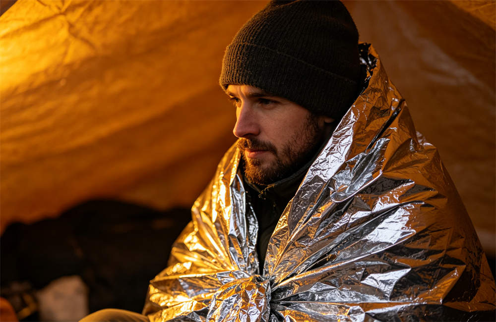 Person wrapped in reflective mylar emergency blanket staying warm after tornado power outage cold night today now now now for bulk tornado emergency kit procurement and wholesale NGO relief orders today now