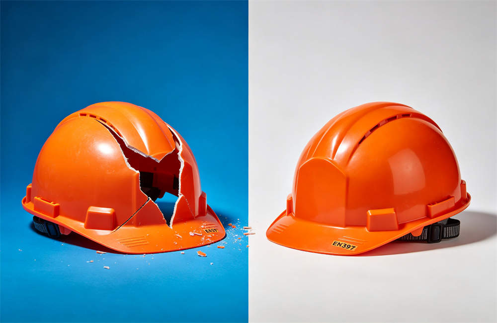 Cracked broken cheap safety helmet next to intact EN397 certified helmet showing clear quality difference for buyers today now now for bulk tornado emergency kit procurement and wholesale NGO relief orders today now