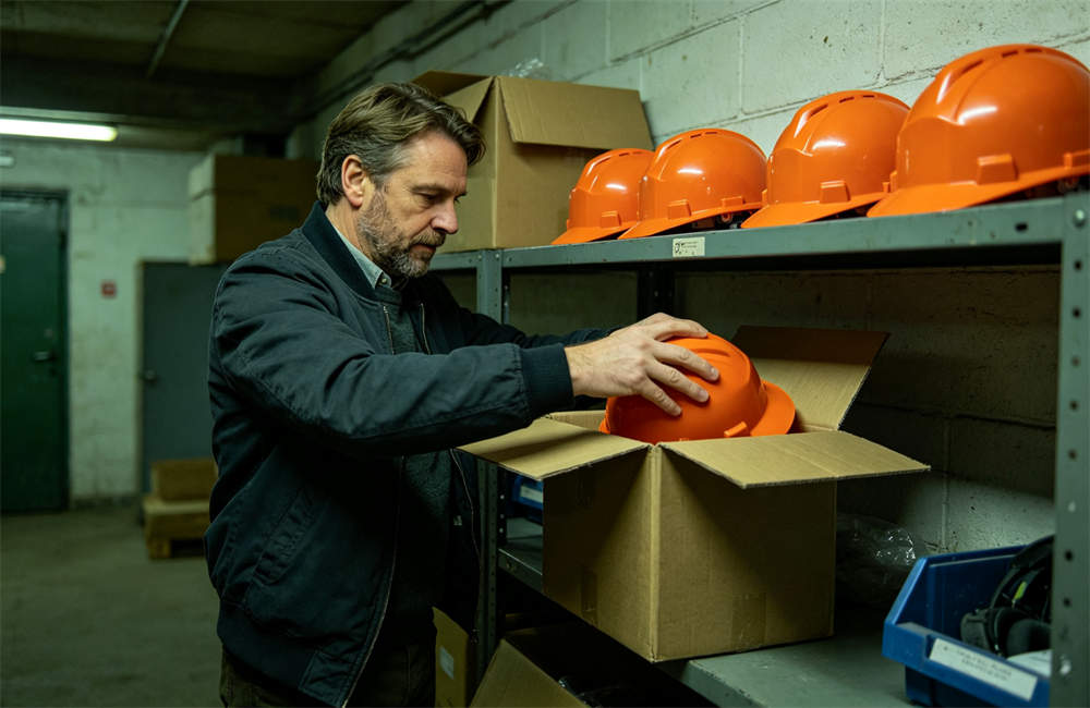 Warehouse worker unboxing carton of safety helmets for tornado shelter distribution program and bulk orders today now now now for bulk tornado emergency kit procurement and wholesale NGO relief orders today now