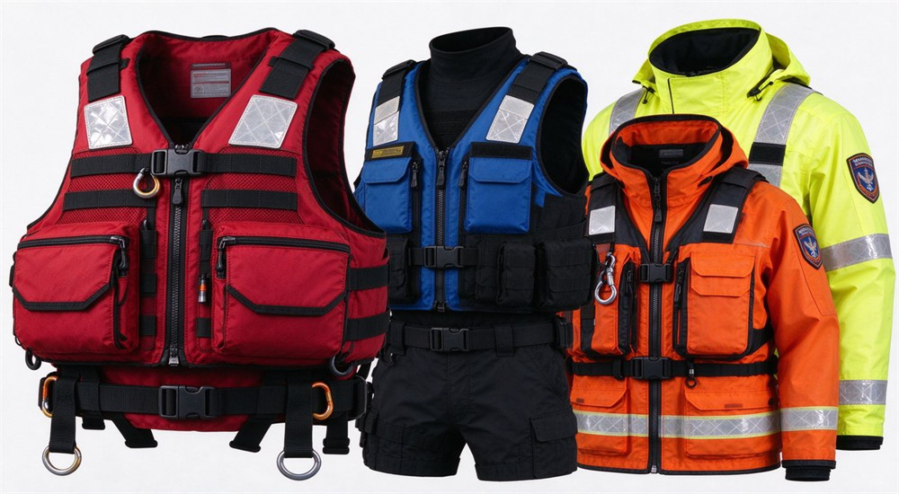 Wide studio shot of five professional water rescue life jackets in red blue orange black and yellow with MOLLE webbing D-rings and reflective strips for bulk wholesale