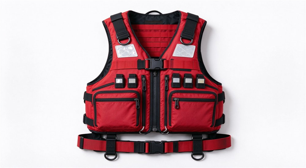 Top-down flat lay of professional red swiftwater life jacket showing MOLLE webbing quick-release buckle D-rings SOLAS reflective strips and utility pockets on white background