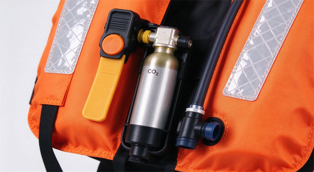 Close-up detail of automatic inflatable life jacket with CO2 cylinder manual pull tab oral inflation tube and reflective strips showing inflation mechanism for rescue professionals