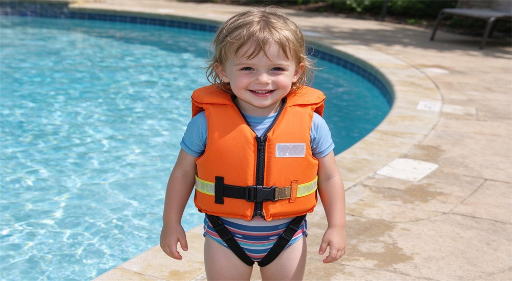 Outdoor portrait of young Caucasian child wearing bright orange children life jacket with crotch strap and head support smiling by swimming pool for family water safety