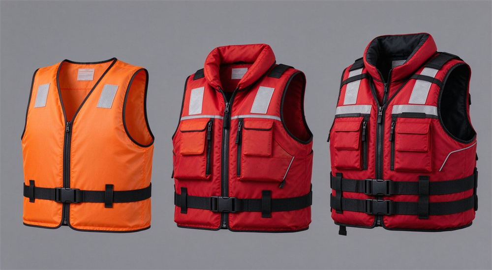 Side-by-side comparison of three water rescue life jackets showing buoyancy levels thin orange lightweight medium red standard and thick red-black high-buoyancy models on white background