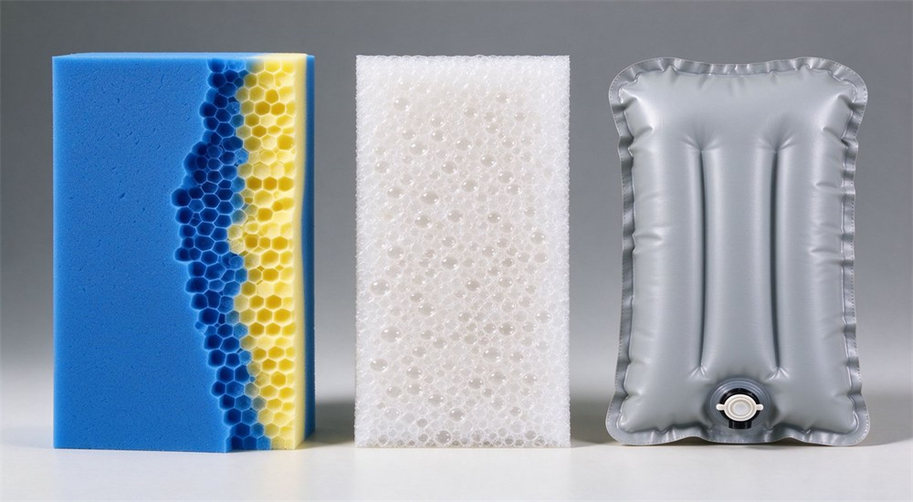 Side-by-side comparison of three buoyancy materials used in bulk rescue life jackets NBR PVC foam block EPE pearl cotton sheet and inflatable air bladder on white studio background