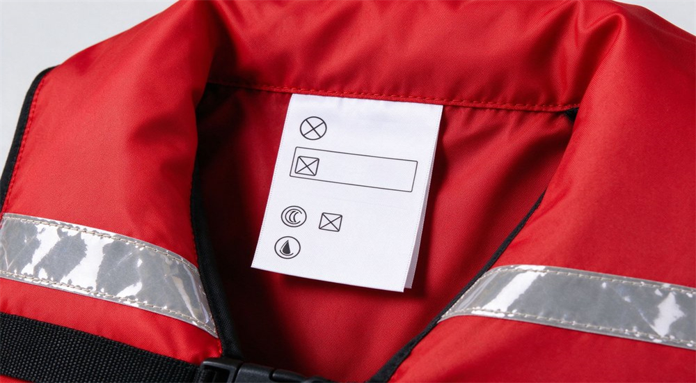 Close-up detail of inner side certification label on red water rescue life jacket showing ISO SGS CE symbol markings only with no readable text on white background