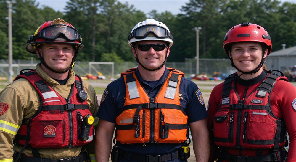 Group portrait of three professional water rescue users firefighter in red coast guard in orange and rescuer in yellow wearing matching life jackets on white studio background