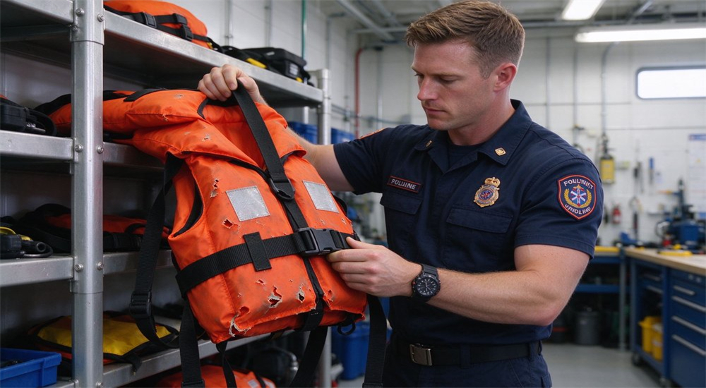 Indoor shot of Caucasian rescuer inspecting orange water rescue life jacket for wear and tear damage in bright manufacturing workshop during routine maintenance check