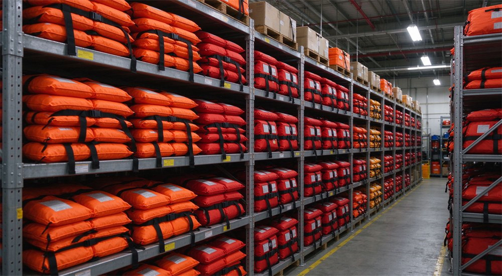 Wide shot of government emergency warehouse with metal shelves stacked with orange and red water rescue life jackets ready for distribution to flood rescue teams and institutions