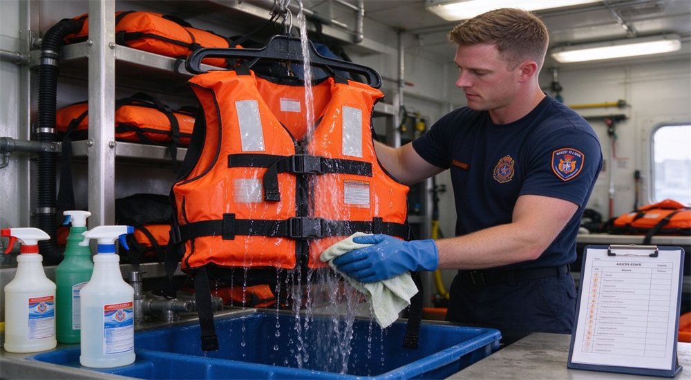 Application shot of rescue worker rinsing orange water rescue life jacket with fresh water after use showing proper maintenance and cleaning procedure for extended service life