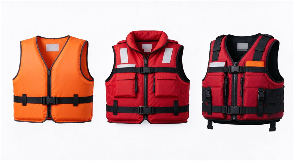 Side-by-side comparison of three budget tier life jackets economy orange vest standard red rescue model and professional high-buoyancy tactical black vest for bulk procurement planning