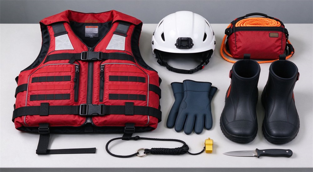 Top-down flat lay of complete water rescue PPE system including red life jacket helmet gloves boots throw rope bag whistle and rescue knife arranged on white studio background